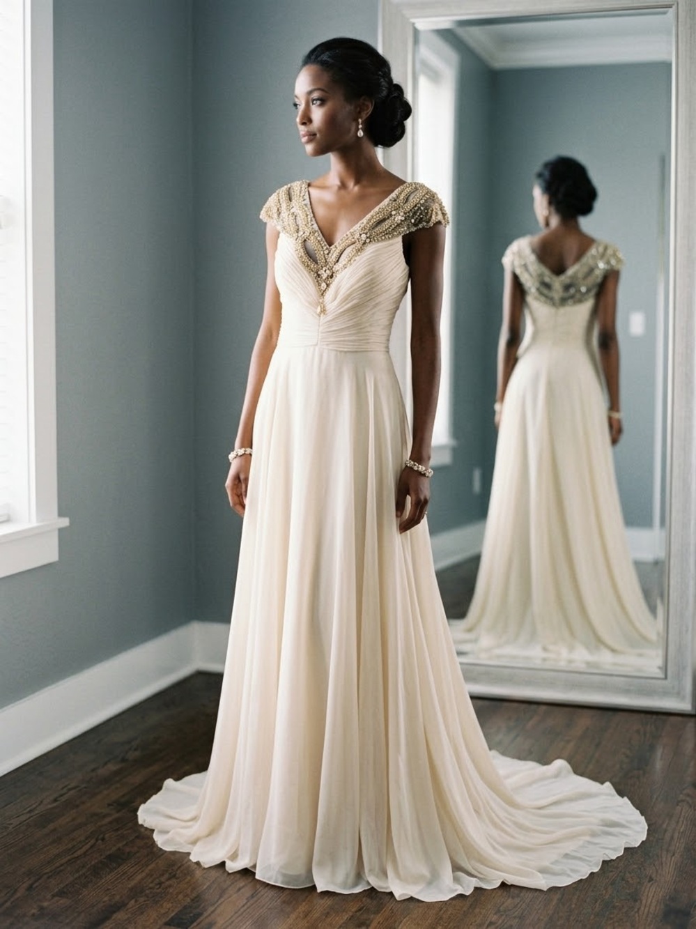 Terani Couture Beaded Embellished Pleated Bodice Chiffon Flowy Evening Gown 14
